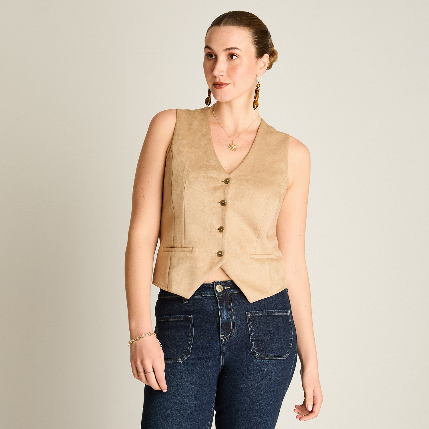 Casaca Camel Sin Mangas Elasticidad Nula Sin Forro Calce Ajustado Tela Plano